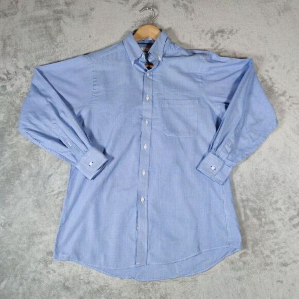 IZOD Shirt Men 15 32/33 Blue Gingham Plaid Button Down Long Sleeve Wrinkle Free